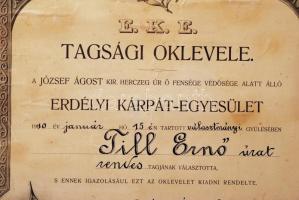 1910 Kolozsvár, Erdélyi Kárpát Egyesület díszes oklevél. Városképekkel, jó állapotban 50x70 cm