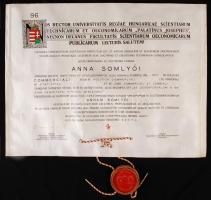 1936 Közgazdasági diploma, hölgy számára, és egy tanári szakvizsga oklevél, jó állapotban. Jó állapotú viasz függőpecséttel 70x50 cm