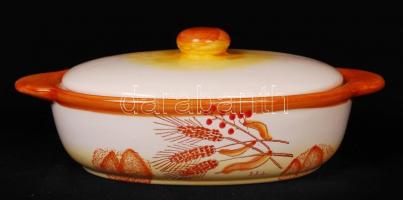 Kerámia fedeles asztali szervírozó tál apró lepattanással, d: 20 cm; 2 db porcelán sótartó, m: 7,5 c...