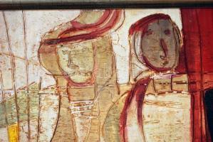 Schéner Mihály (1923-2009): Riadalom. Olaj, farost, jelzett, keretben, 40×70 cm