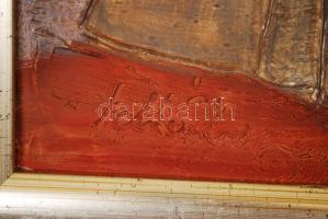 Schéner Mihály (1923-2009): Riadalom. Olaj, farost, jelzett, keretben, 40×70 cm