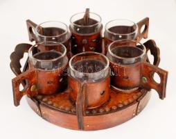 Bőr italos szet, 6 db pohár bőr tartóban, bőr tálcával / Leather glasses set