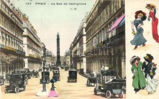 Paris, La Rue de Castiglione, automobiles, rare Xavier Sager art postcard