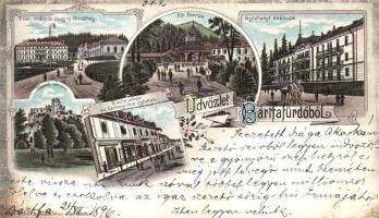 1896 Bártfafürdő, Tachy-udvar az Eschwig-féle üzlettel, Deák és Széchenyi szállodák / Eschwig's shop, hotels, Karl Schwidernoch litho (EK)