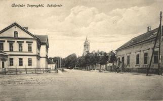 Csepreg, Iskola tér, templom, Fillinger Géza kiadása (EK)