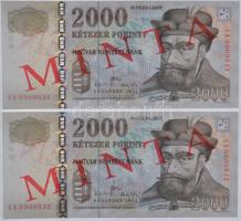 2013. 2000Ft "MINTA" felülnyomással (2x) "CA 0000031" és "CA 0000032" sorozatszámú sorszámkövető bankjegyek + 2000Ft (2x) "CB 0000031" és "CB 0000032" sorozatszámú sorszámkövető bankjegyek T:I Hungary 2013. 2000 Forint with red "MINTA" (SPECIMEN) overprint (2x) "CA 0000031" and "CA 0000032" serial numbers, sequential serials + 2000 Forint (2x) "CB 0000031" and "CB 0000032" serial numbers, sequential serials C:UNC