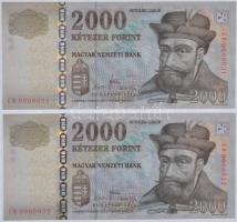 2013. 2000Ft "MINTA" felülnyomással (2x) "CA 0000031" és "CA 0000032" ...
