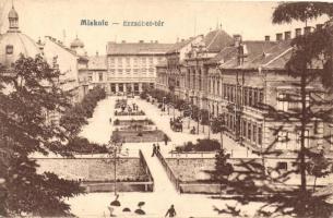 Miskolc - 2 db régi magyar városképes lap: Városi színház, üzletek, Erzsébet tér