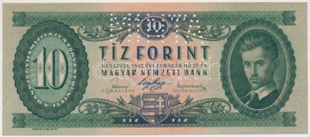 1947. 10Ft "A000 - 000000" sorozat és sorszámmal illetve "MINTA" perforációval T:I- (kis saroktörés)  Hungary 1947. 10 Forint with "A000 - 000000" serial number and with "MINTA" (SPECIMEN) perforation C:AU (small folded corner)  Adamo F2M1a