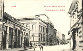 Arad, Polgári fiúiskola, Rácz Sebestyén hentesüzlete, Varhol László kereskedése; hátoldalán Nagybaczoni Nagy Vilmos saját kezű írásával; kiadja Kerpel Izsó / boy school, butcher's shop