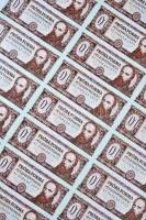 1973. Táncsics 01 "PRÓBA FORMA" bankjegy terv pirosas előoldali nyomata zöld alapnyomattal, üres hátlappal, 36db-os teljes ívben! T:I- Hungary 1973. 01 "PRÓBA FORMA" unissued banknote design with only reddish front printers proof with green basic print in sheet of 36 C:AU Adamo SFT2.4