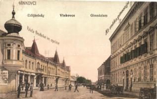 Vinkovci, Vinkovce; Német utca, gimnázium, Reich gyógyszertár / street, grammar school, pharmacy