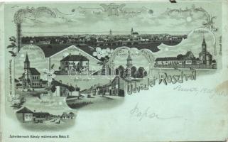 Ruszt, Rust; Katolikus templom, Városház, Evangélikus templom, Árpád utca / churches, town hall, street, Art Nouveau, litho (wet damage)