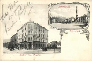 Innsbruck, Arlbergerhof Ferd. Woldrich, hotel, Bahnhofplatz / Station Square, advertisement on the back side, Art Nouveau (EK)
