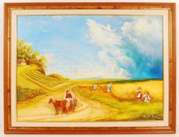 Koczka Ilona: Mátka választás aratáskor a Balaton környékén. Olaj,  vászon, újszerű keretben, 50×70 cm,