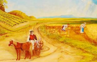 Koczka Ilona: Mátka választás aratáskor a Balaton környékén. Olaj,  vászon, újszerű keretben, 50×70 ...