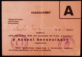 1938 Igazolvány a kassai bevonuláson való részvételhez / ID for the entry of the Hungarian troops to Kassa
