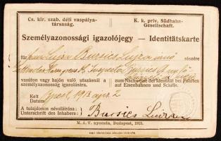 1913 A cs. kir. szab. déli vaspálya társaság utazási igazolványa