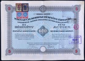 Budapest 1923. "Magyar Czukoripar-Részvénytársaság" 5 részvénye 600K-ról, magyar és német nyelven, szelvényekkel, bélyegekkel és bélyegzésekkel T:III