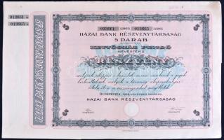 Budapest 1926. "Hazai Bank Részvénytársaság" 5 darab 200P értékű részvénye szelvényekkel, felülbélyegzéssel T:I-
