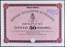 Budapest 1926. "Magyar Általános Hitelbank" 5 részvénye egyenként 50P-ről, szelvényekkel, bélyegzéssel T:I-