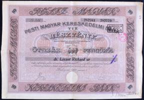 Budapest 1928. "Pesti Magyar Kereskedelmi Bank" 10 részvénye 500P-ről szelvényekkel, szárazpecséttel, bélyegzéssel, igazolással T:III