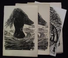 Jelzés nélkül: 2 linómetszet 10db vegyes minőségű nyomatban 21,5x30,5cm