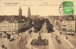 Dresden-Neustadt, town hall, church, statue of Friedrich August des Starken, tram