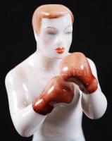 Hollóházi bokszoló, kézzel festett, apró mázhibával, jelzett, m:19 cm