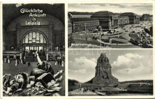 Leipzig, Hauptbahnhof, Völkerschlachtdenkmal / main railway station, monument, happy arrival, humour