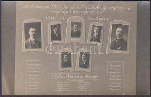 1912 Burg Izsó műterme (Debrecen): Debrecen Felső Kereskedelmi Iskola Ifjúsági Otthona tiszti kara, kistabló 7 portréval és névsorral, fotólap méretben, 9x14 cm