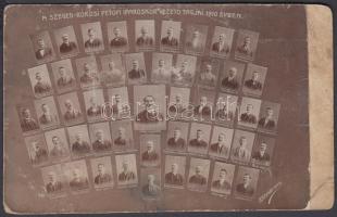1910 A Szeged-Rókusi Petőfi Iparoskör vezető tagjairól készült kistabló, 50 portréval, olvasható nevekkel, levelezőlapra felragasztott fénykép, 9x13 cm