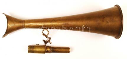 Antik hiányos autókürt+ fújoka, hangos beszélő?, réz, h:37 cm