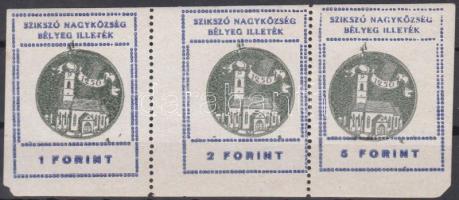 1947 Szikszó városi illetékbélyeg 1Ft, 2Ft, 5Ft hármascsík fehér papíron