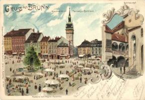 1898 Brno, Brünn; Krautmarkt, Parnass und Rathaus / town hall square, litho