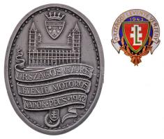 1942. "Országos Gyorslevente Motoros Napok Pécs 1942" fém emlékérem. Szign.:PETRO (60x46mm) + 1943. "Országos Levente Verseny" zománcozott Br gomblyukjelvény T:2,1-