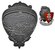 1943. "IX. Balatoni Sporthét" fém levente plakett. Szign.:MASEFSZKY/LUDVIG (69x52mm) + 1942. "Milano 1942" aranyozott, zománcozott fém gomblyukjelvény T:2