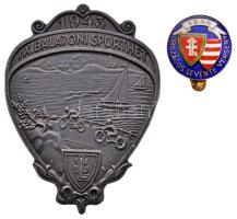 1943. "IX. Balatoni Sporthét" fém levente plakett. Szign.:MASEFSZKY/LUDVIG (69x52mm) + 1944. "Országos Levente Verseny" zománcozott Br gomblyukjelvény T:2