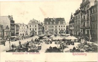 Liberec, Reichenberg; Bismarcplatz, Wochenmarkt / squara, market, shops