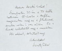 Szinte Gábor (1928-2012) díszlettervező, grafikus pár soros saját kezű írása és aláírása