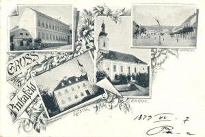 1899 Pinkafő, Pinkafeld; Bürgerschule, Kirche, Kloster, Hauptplatz / school, church, main squre; floral