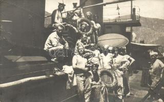 Hadihajó - 4 db régi hadihajókat, matrózokat ábrázoló motívum fotólap, SMS Helgoland, SMS Balaton / 4 old motive cards, warships, sailors, photo