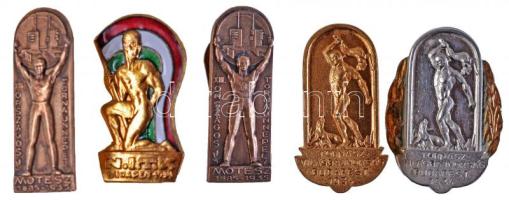 1934. "N.I.T.K. Budapest 1934" aranyozott, zománcozott fém jelvény. Szign.:BERÁN N. + 1934. "Tornász Világbajnokság Budapest 1934" aranyozott Br és fém jelvény (2xklf) + 1935. "MOTESZ (Magyarországi Testedző Egyesületek Szövetsége) XVIII. Magyar Tornászünnepély" Br jelvény (2x). Szign.: BERÁN N.BPEST DÖBREINTEI U.2. T:2