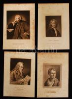 cca 1860-1880 4 db metszet híres emberek portréival: a Neues convers. Lexiconból: Laurence Sterne (13×10,5 cm), Isaac Newton (9,5×7 cm), Voltaire (12×9,5 cm), a Walhallából: Jean Jacques Rousseau (11×8,5 cm, C. Barth sculpsit), Eigenthum & Verlag des Bibliographisches Institut Hildburghausen