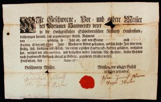 1792 Heusenstamm, céhmester igazolása 16 heti munkáról, viaszpecséttel vízjeles papíron német nyelven 1792 Heusenstamm, Certification for work of a journeyman