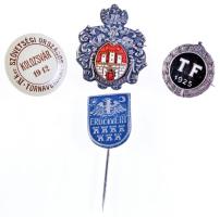 1912. "Kolozsvár - IX. ker. Szövetségi Országos Tornaverseny" jelvény + Berán Nándor (1889-1965) 1925. "TF" (Testnevelési Főiskola) zománcozott gomblyukjelvény + ~1930. "Erdélyért" irredenta festett alumínium kitűző + DN "Civitas fidelissima", Sopron város címerével ellátott zománcozott fém jelvény T:2