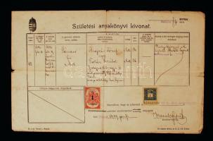 1909 Bp., Születési anyakönyvi kivonat okmánybélyegekkel (1 K városi illetékbélyeggel)