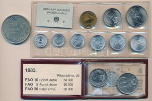 1981. 2f-10Ft 9db klf érmés forgalmi sor fóliatokban + 1983. 20f + 5Ft + 10Ft + 100Ft "FAO" eredeti tokokban, tanúsítvánnyal T:1,BU (egyik tok sérült)