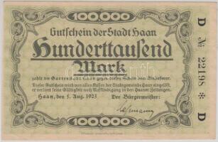 Német Birodalom / Weimari Köztársaság 1923. 100.000M "Gartenstadt Haan" városi pénz T:I- Germany / Weimar Republic 1923. 100.000 Mark "Gartenstad Haan" city banknote C:AU