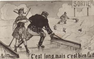 Francia katonai propaganda, humor, művész aláírásával, 'C'est long, mais c'est bien fait', French military propaganda, humour, artist signed